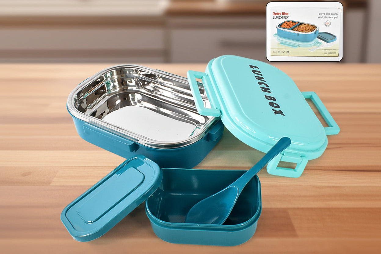 3 In 1 Spicy Bite Stainless Steel Lunch Box With Plastic Small Box  Spoon (1 Set)