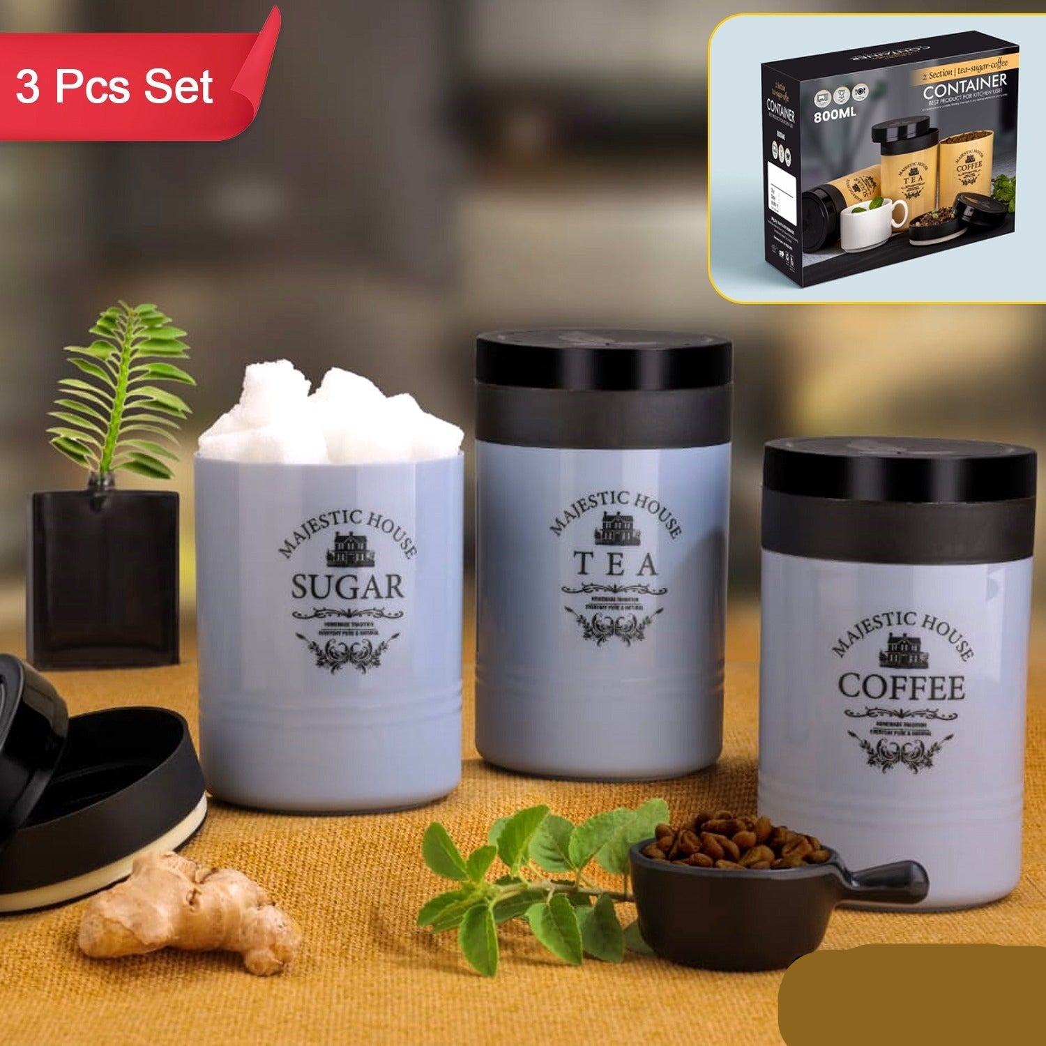 5766 Accurate Seal Tea Sugar Coffee Container - 3 Pcs Plastic Damru Shaped Tea Coffee Sugar Canisters Jar New Airtight Food Seal Containers For Salt Dry Fruit Grocery Multicolor (3 Pcs Set)